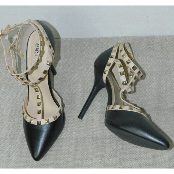 RUE 21 ETC Pointed Stiletto‎ STRAPPY Heels Black Tan Studded Size 8/9 - Picture 3 of 7